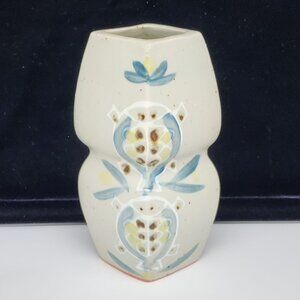 Hand Painted Japanese Stoneware Vase Blue White Turtles Diamond Shape 6"